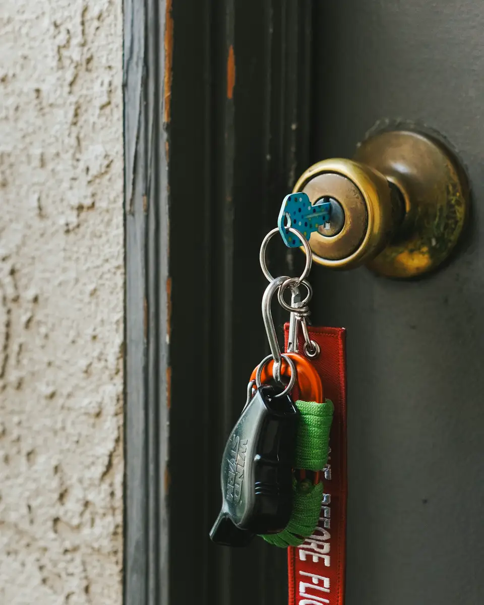 A key left in a front-door lock, with a ring of keys and tags hanging from it.
