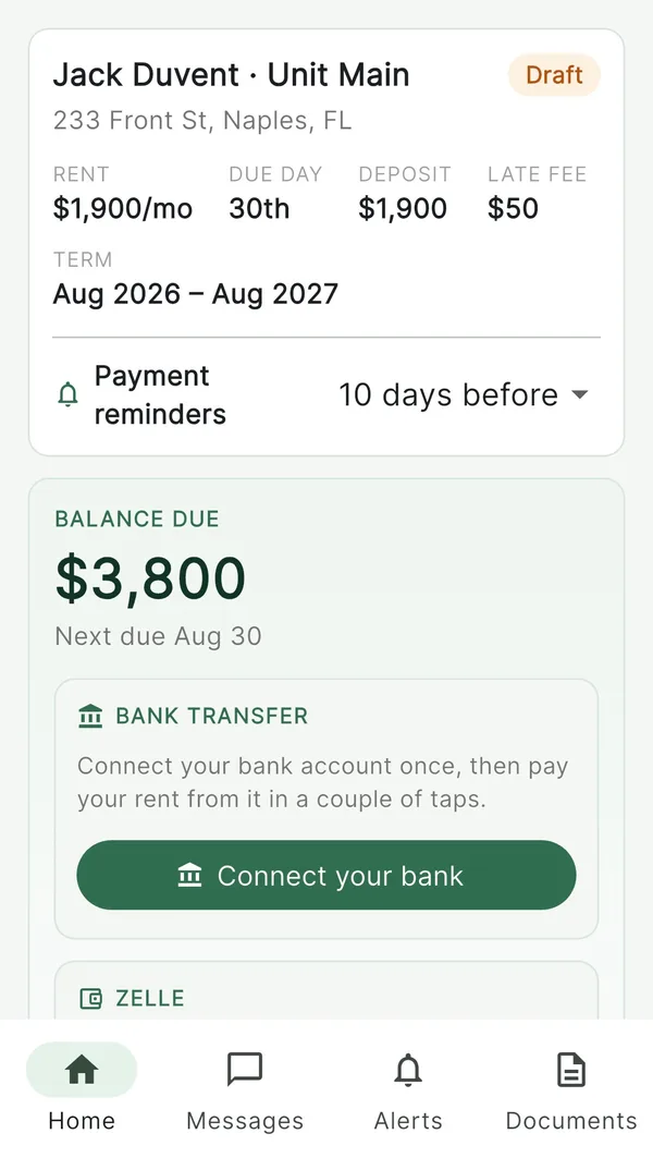 The Rental Tracker tenant app on a phone, showing the lease terms, the balance due, and the ways to pay rent.